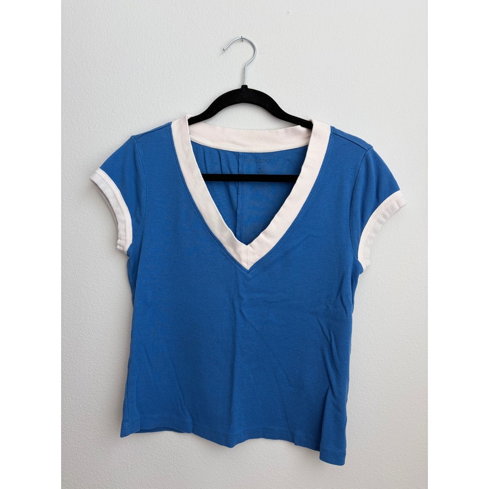 Pilcro Blue Ribbed V-Neck Ringer Tee Cream Trim Short Sleeve Medium